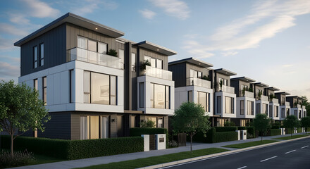 Fototapeta premium Modern Townhouses With Contemporary Architecture And Sleek Design Elements In A Suburban Neighborhood On A Sunny Day