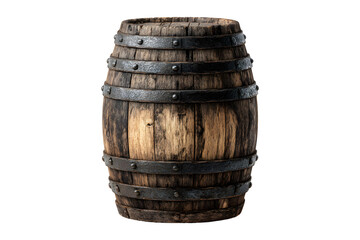 Obraz premium Rustic wooden barrel with iron bands and aged wood texture, isolated on transparent background