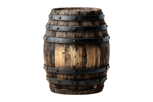 Rustic wooden barrel with iron bands and aged wood texture, isolated on transparent background