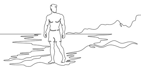 Continuous single line drawing Man on the beach. Walking along the seashore. Relaxing by the water. Linear . One continuous line isolated minimalist illustration. Not AI.