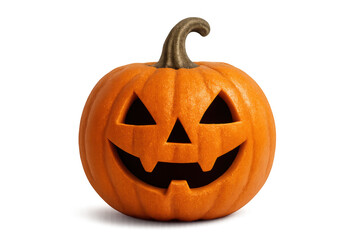 Obraz premium Carved orange pumpkin jack-o'-lantern creating a spooky halloween decoration, smiling face, transparent background