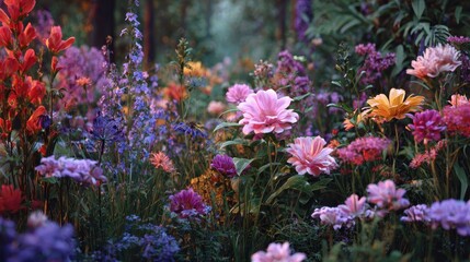 Vibrant flower garden blooming in spring sunlight filled with various colorful blossoms, creating a stunning natural landscape