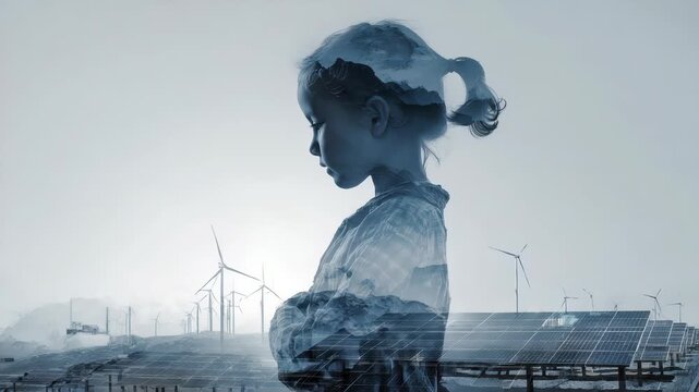 Little girl and child running in front of windmill, renewable energy and sustainable resource windmill. Child playing, environment, electricity, technology, generator, power