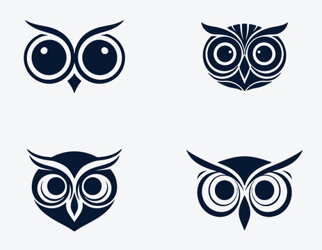 set of minimal owl face logo design with big open eyes