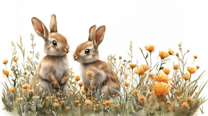 Fototapeta premium Two fluffy bunny rabbit animals sitting in green grass with orange flowers. Easter holiday concept and spring season illustration.