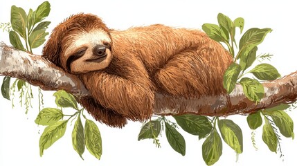 Fototapeta premium Sloth relaxing on a branch surrounded by lush green leaves in a peaceful forest setting