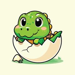 Illustration of a cute baby crocodile inside a cracked egg isolated on a beige background