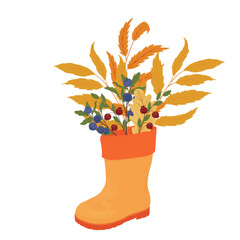 autumn boots with blooming bouquet autumn leaves. Yellow mountain ash, oak leaves, lingonberries, blueberries. Vector stock illustration. isolated on a white background.