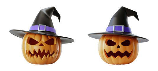 Spooky Halloween pumpkins wearing witch hats holiday cards or social media content with a festive fun vibe isolated on png transparent background