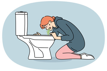 Woman vomits into toilet due to food poisoning or alcohol intoxication caused by consumption of high-quality products. Symptom of cardiac stroke in girl who vomits and feels sick for no reason