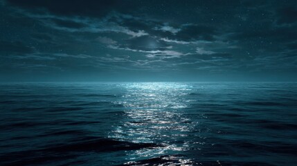 Moonlight reflects on calm ocean waves under a starry night sky