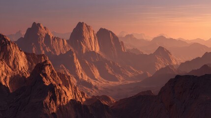 Fototapeta premium Majestic mountain landscape at sunset revealing rugged peaks and valleys in tranquil nature