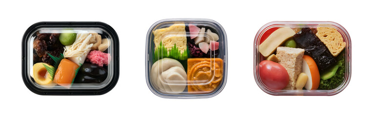 Three colorful bento boxes filled with delicious Japanese food create a vibrant and appealing lunch selection isolated on png transparent background