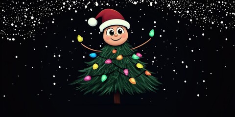 Fototapeta premium Cute Christmas tree character in Santa hat dancing,Merry Christmas Background with Festive Ornaments and Decorations for Holiday Greeting Card Templates