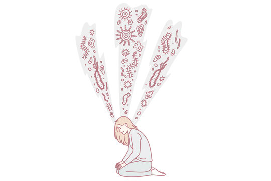 Research of bacterias and microorganisms concept. Young woman sitting on knees looking down searching for bacterias microorganisms vector illustration