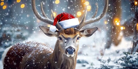 Deer in Santa hat winter forest Christmas scene,Festive Christmas Noel Background with Banner Border Frame Template for Widescreen Decor