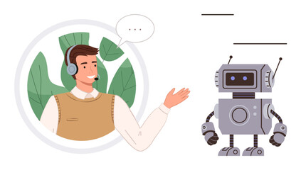 Man with headset gestures during conversation with a friendly, retro-styled robot. Ideal for communication, AI support, teamwork, automation, innovation, technology customer experience. Simple flat