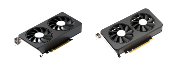 Powerful dual fan GPU graphics card rendering for gaming enthusiasts and high performance computing solutions now isolated on png transparent background