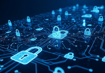 Digital security network concept with glowing padlocks on circuit board data flow