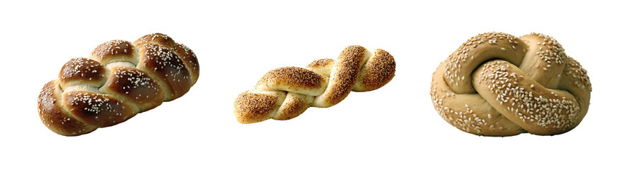 Three braided challah breads with sesame seeds offer a delicious taste of tradition and warm bakery goodness isolated on png transparent background