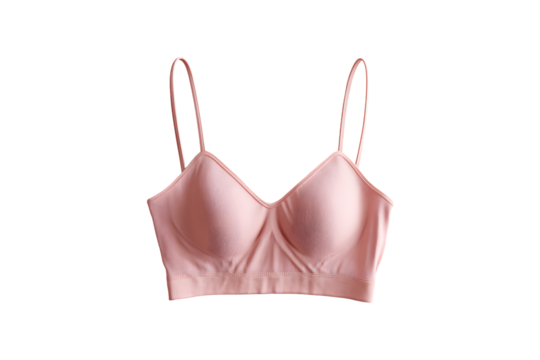 Soft pink bralette with thin straps and smooth fabric texture, isolated on transparent background - Powered by Adobe
