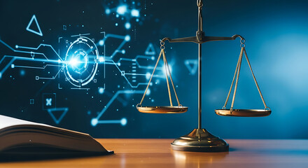 Modern justice scales with digital network overlay representing technology and law