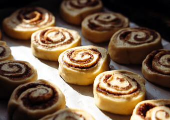 Close-up of homemade cinnamon rolls. Delicious breakfast. Cozy home baking concept.