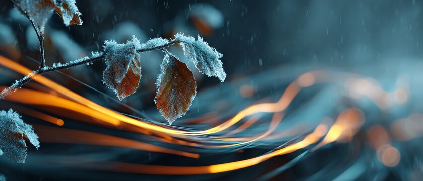 Winter's touch: a poetic blend of snow and leaves on bare branches. Data links. Winter's embrace: vivid scene of a snow-draped branch and colorful leaves below. Network traffic. - Powered by Adobe