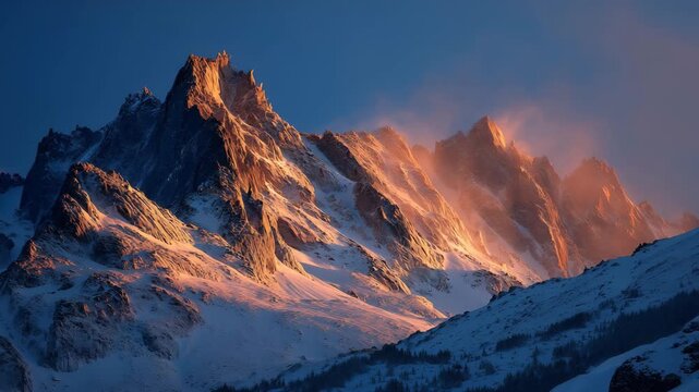 鋭く尖った雪山の稜線に朝焼けの光が差し込む冬の山岳風景