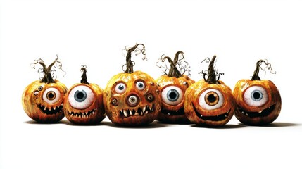 Chilling illumination: haunted pumpkins on a pale canvas. Advertising photo. Uncanny aura: enhanced jack o lanterns amidst ghostly silhouetted shaddows. Grotesque style. Dreamlike imagery.