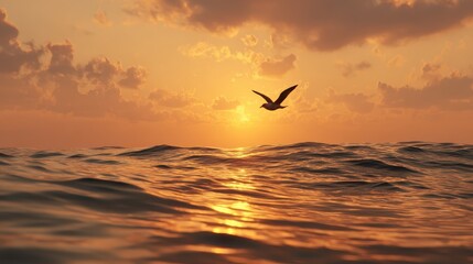Sunset view over calm ocean waves with a flying bird at twilight creating a peaceful atmosphere