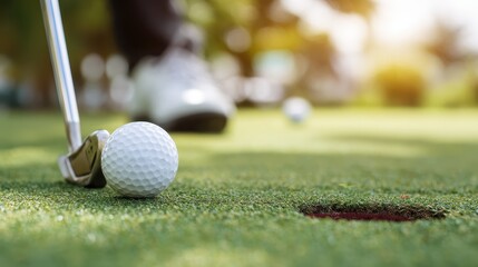 Golfer preparing to putt a ball on the green at a sunny golf course in the late afternoon