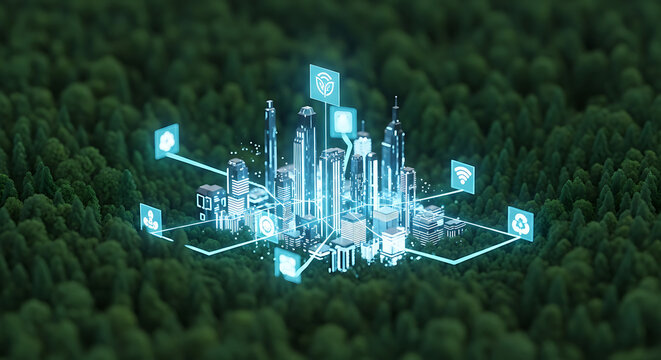Futuristic glowing data network structure emerging from a dark forest background abstract digital art