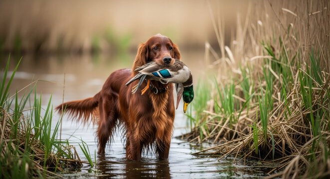 Irish setter dog retrieving a duck from water, showcasing its hunting skill. Gun dog training and field work concept for nature photography.