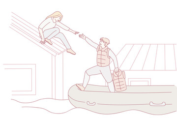 Rescuer on boat help people from flooded house during natural disaster in city. Professional helper give hand to stressed woman during deluge cataclysm. Waterflooding. Flat vector illustration.