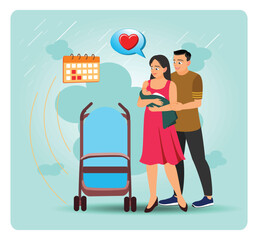Parental Leave. Beautiful Family Welcoming Baby With Stroller, Calendar.