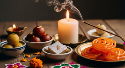 Obraz premium Indian sweets, called mithai, with lit Diwali candle and incense stick. Traditional Hindu celebration food for festival.