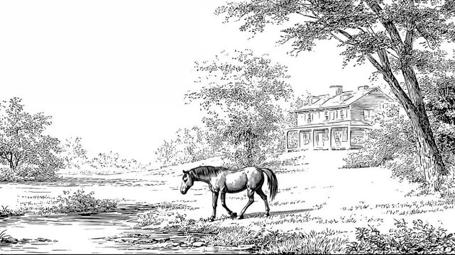 Vintage illustration of a horse walking in a tranquil rural landscape with a grand country house and trees in the background