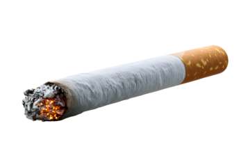 Burning cigarette with glowing ember and rising smoke detail, isolated on transparent background
