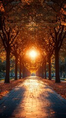 Fototapeta premium Autumnal sunbeam path through a tree-lined avenue