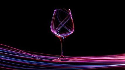 Abstract outline of a wine glass glowing in vibrant neon pink, purple, and electric blue, set against a deep black background. - Powered by Adobe