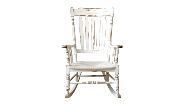 Distressed White Wooden Rocking Chair – Vintage Home Furniture Isolated on Transparent Background
