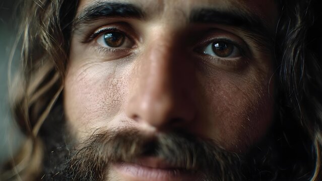 Close-up of a bearded man with long hair and intense brown eyes, gazing upward. Concept Close-up portrait, Bearded man, Long hair, Intense brown eyes, Gazing upward