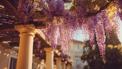 Purple wisteria blossoms drape over a white-columned pergola in golden-hour light. Concept Wisteria blossoms, White-columned pergola, Golden-hour light, Floral archway, Romantic architecture