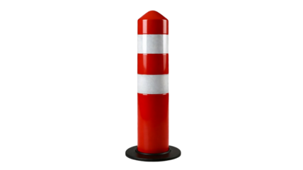 Red and White Reflective Traffic Bollard – Road Safety Barrier Isolated on Transparent Background
