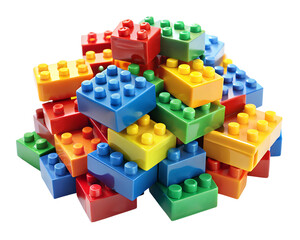 Obraz premium Pile of colorful building blocks for kids creative play and education isolated on transparent background