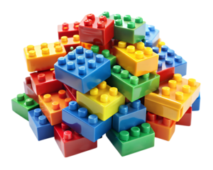 Pile of colorful building blocks for kids creative play and education isolated on transparent background