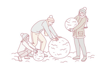 Leisure winter activities for family concept. Happy family with daughter wearing warm clothes rolling snowballs having fun together vector illustration