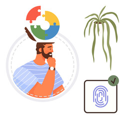Man with puzzle piece head thinking, representing personal growth and problem-solving. Nearby plant reflects nature and fingerprint with tick conveys identity, security. Ideal for self-discovery