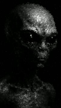 Realistic Alien with Elongated Head and Black Eyes in Dramatic Lighting and Dark Background for Sci-Fi Horror Use, Animation Made of Cubes
